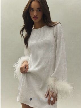BHLDN White Feather-Trim Metallic Knit Mini Dress
